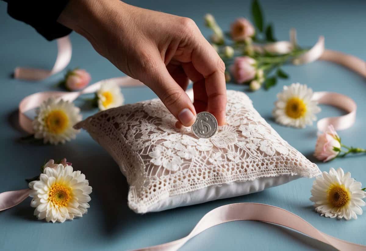 A hand places a sixpence on a lace pillow, surrounded by delicate flowers and ribbons