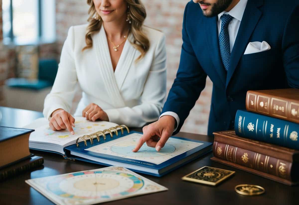 A wedding planner consulting astrological charts and numerology books, pointing to a specific month with a concerned expression