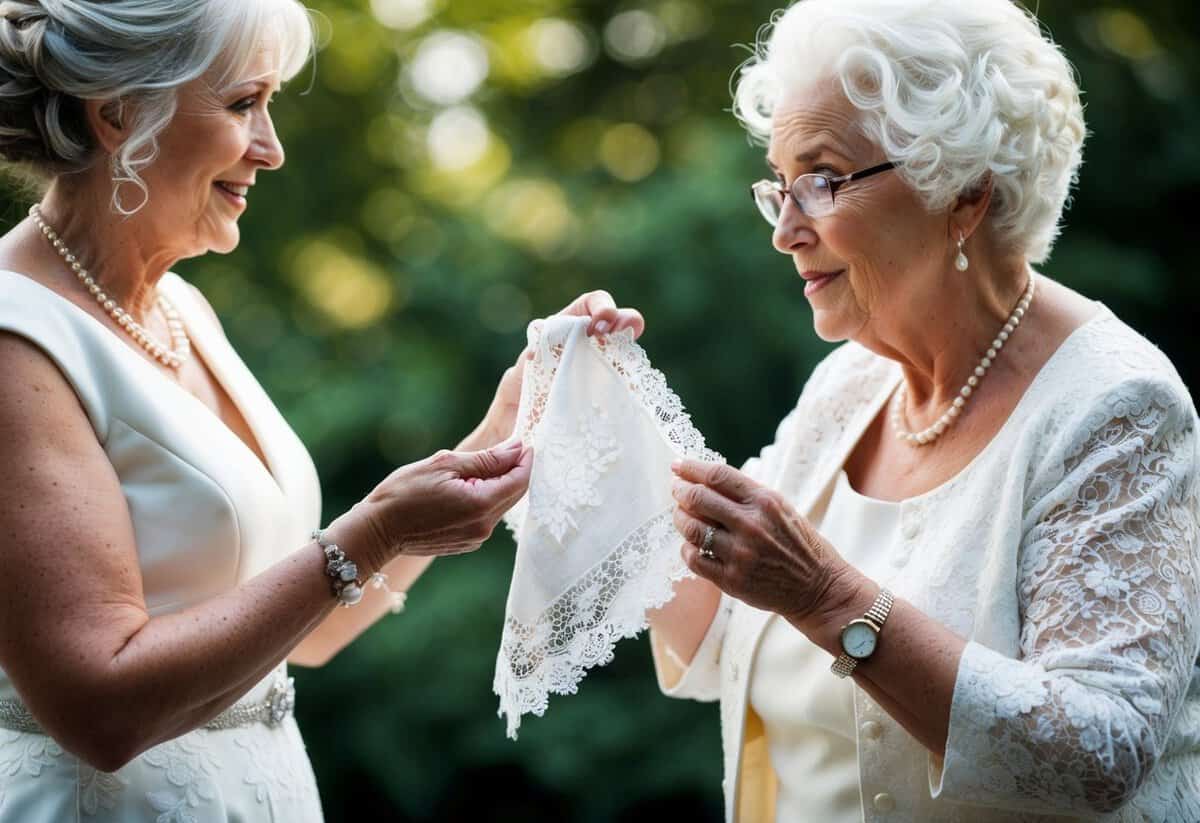 The bride's grandmother presents her with a delicate lace handkerchief, a cherished family heirloom, symbolizing the "something old" tradition