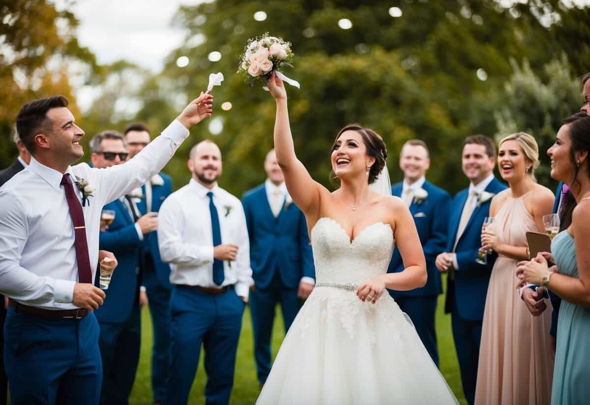 A bride tosses her garter to a group of eager wedding guests