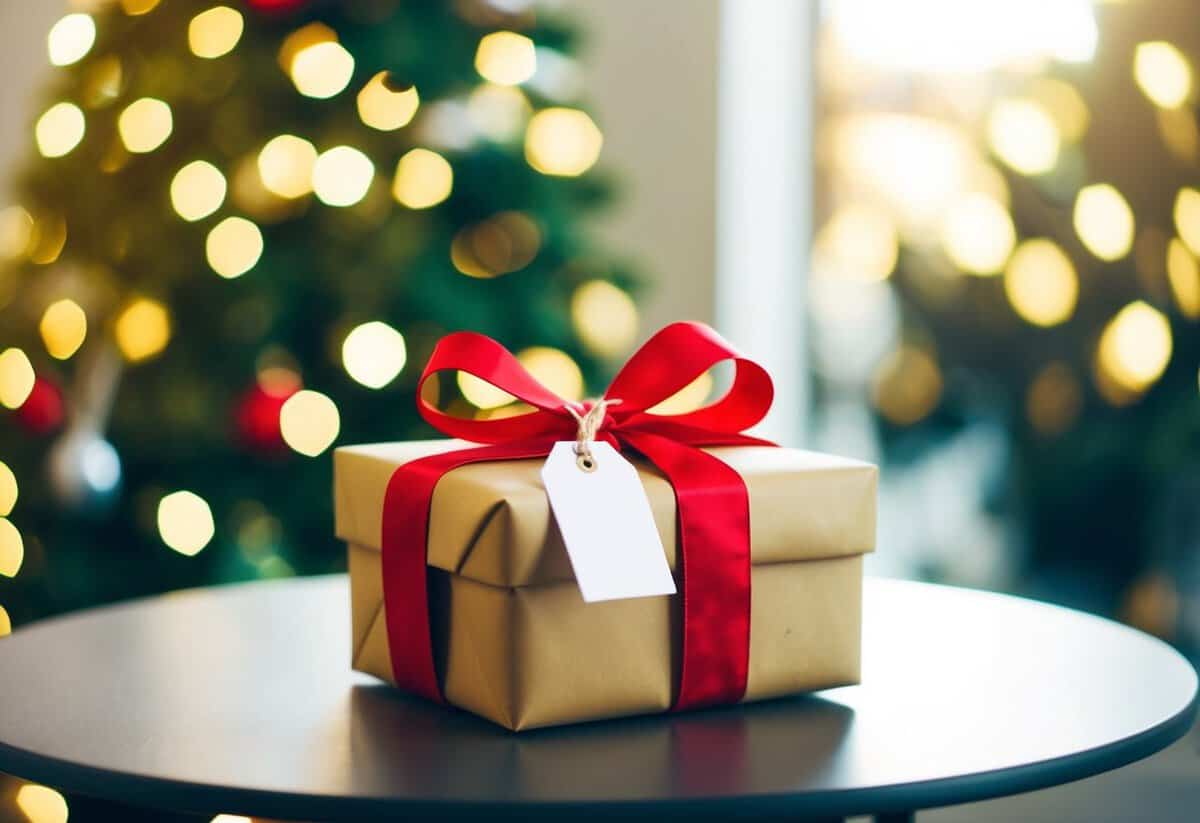 A wrapped gift sits on a table, adorned with a bow and a tag