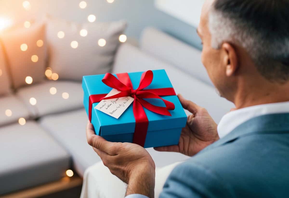A father receiving a gift box with a ribbon and a heartfelt note