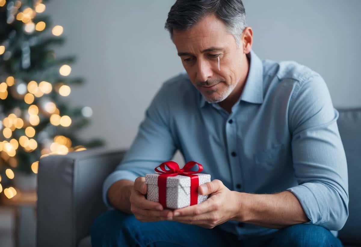 A father sits alone, tears in his eyes, as he holds a small, beautifully wrapped gift in his hands