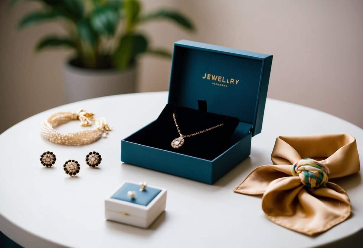 A jewelry box with a delicate necklace and matching earrings, a silk scarf, and a handcrafted hair accessory are laid out on a table