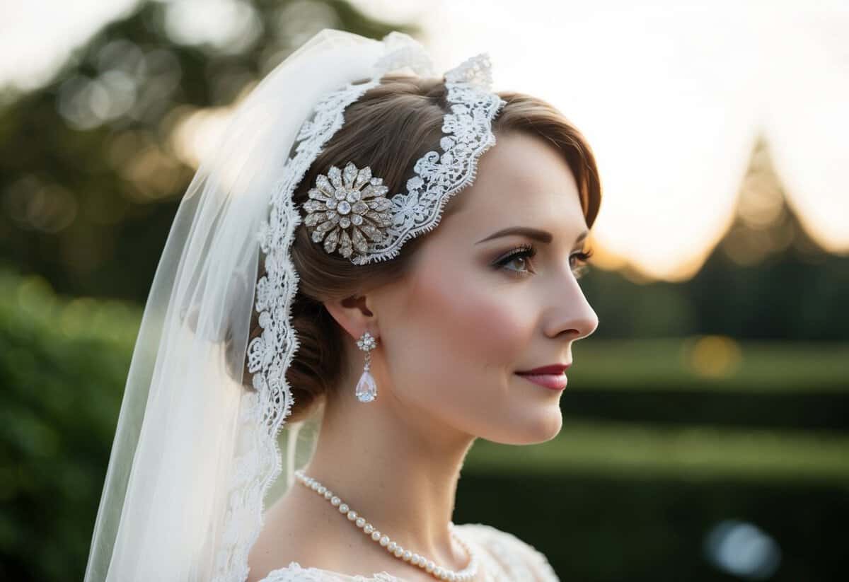 A bride wears a vintage brooch pinned to her lace veil