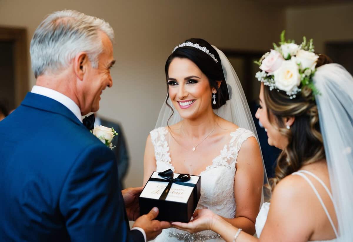 A father of the bride receives a thoughtful gift, symbolizing the special bond between them. The gift is personalized and reflects their shared memories and love