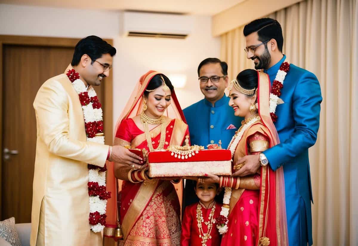 The groom's family presents the bride with traditional gifts of jewelry and clothing as a gesture of post-wedding support