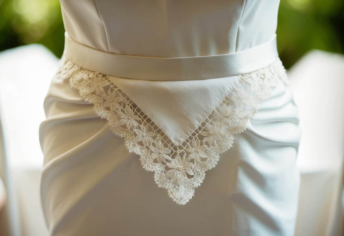 A bride wearing a delicate lace handkerchief tucked into the waistband of her gown
