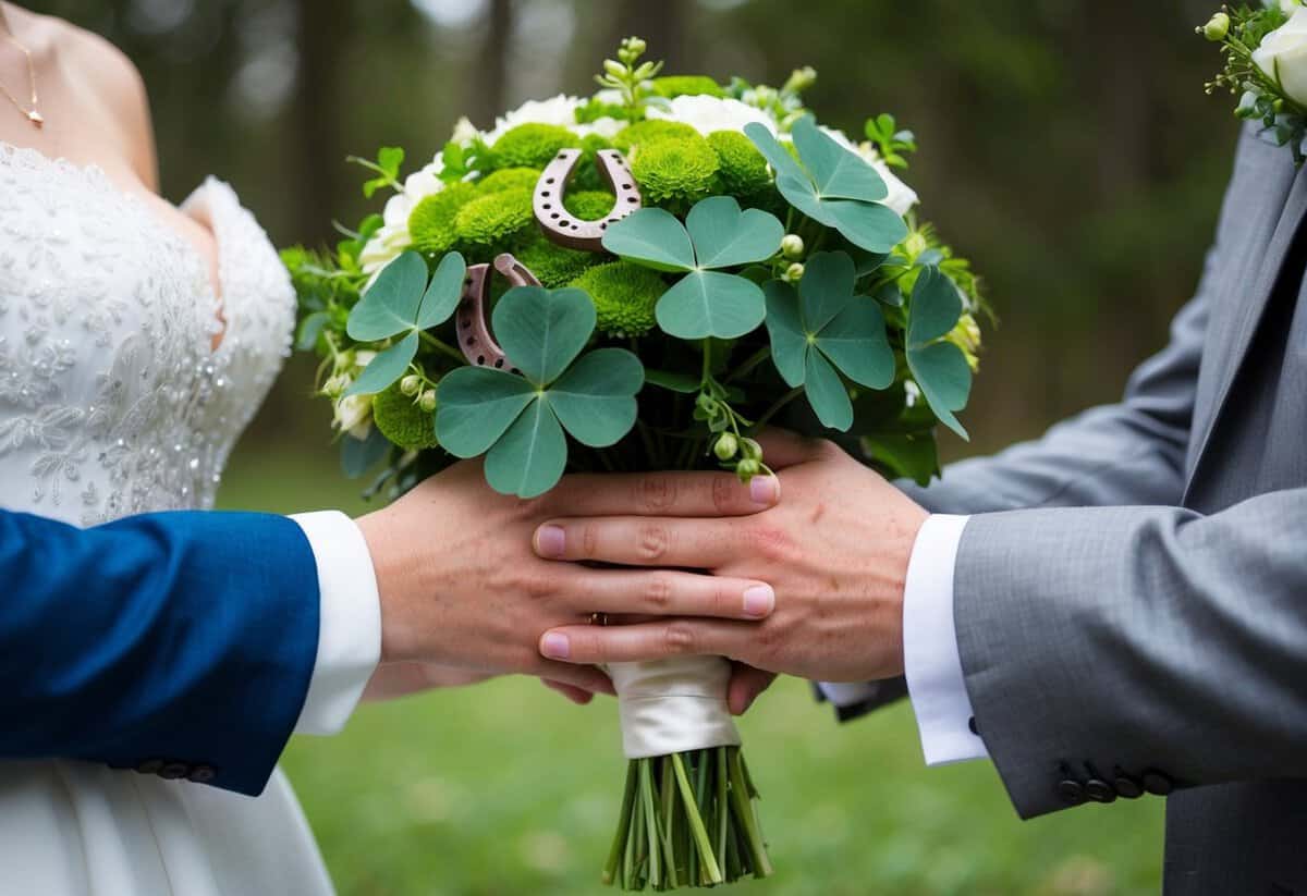 A bride and groom's hands clasping a bouquet of four-leaf clovers and horseshoes