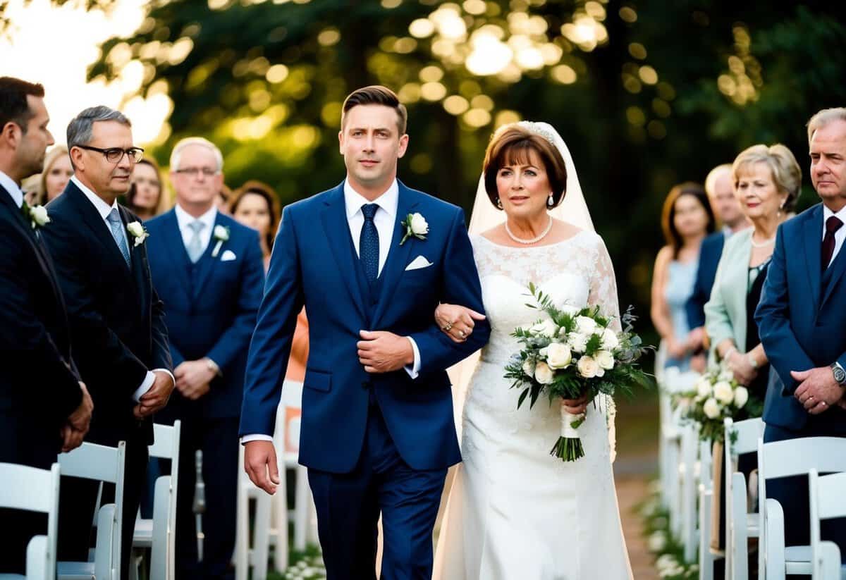 The groom escorts the mother of the bride down the aisle