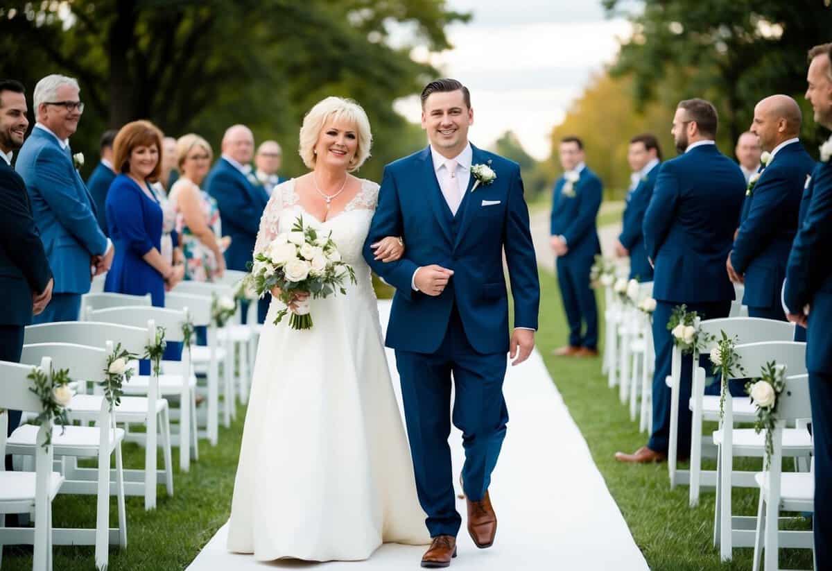 The groom and the mother of the bride walk side by side down the aisle