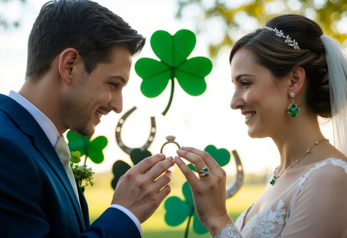 A bride and groom exchange wedding rings, surrounded by a horseshoe, four-leaf clover, and other symbolic lucky charms