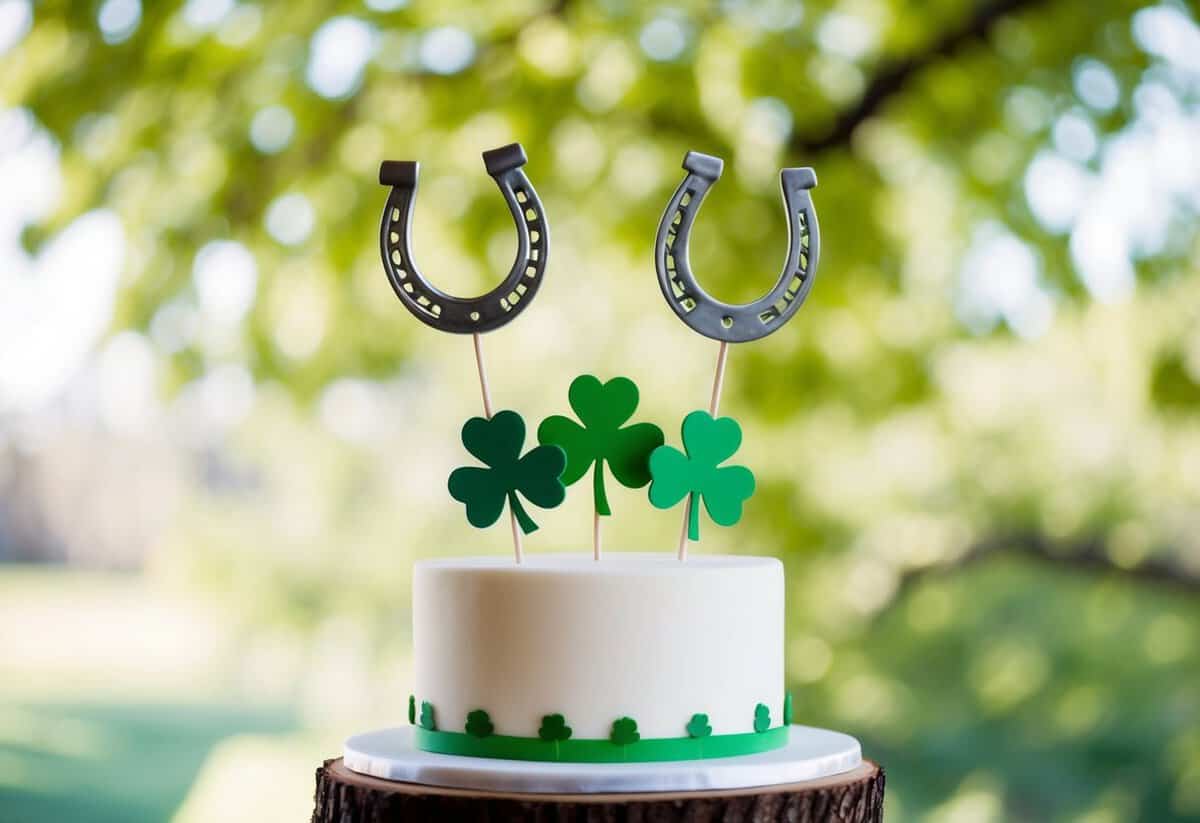 A wedding cake topper featuring horseshoes, four-leaf clovers, and other lucky symbols