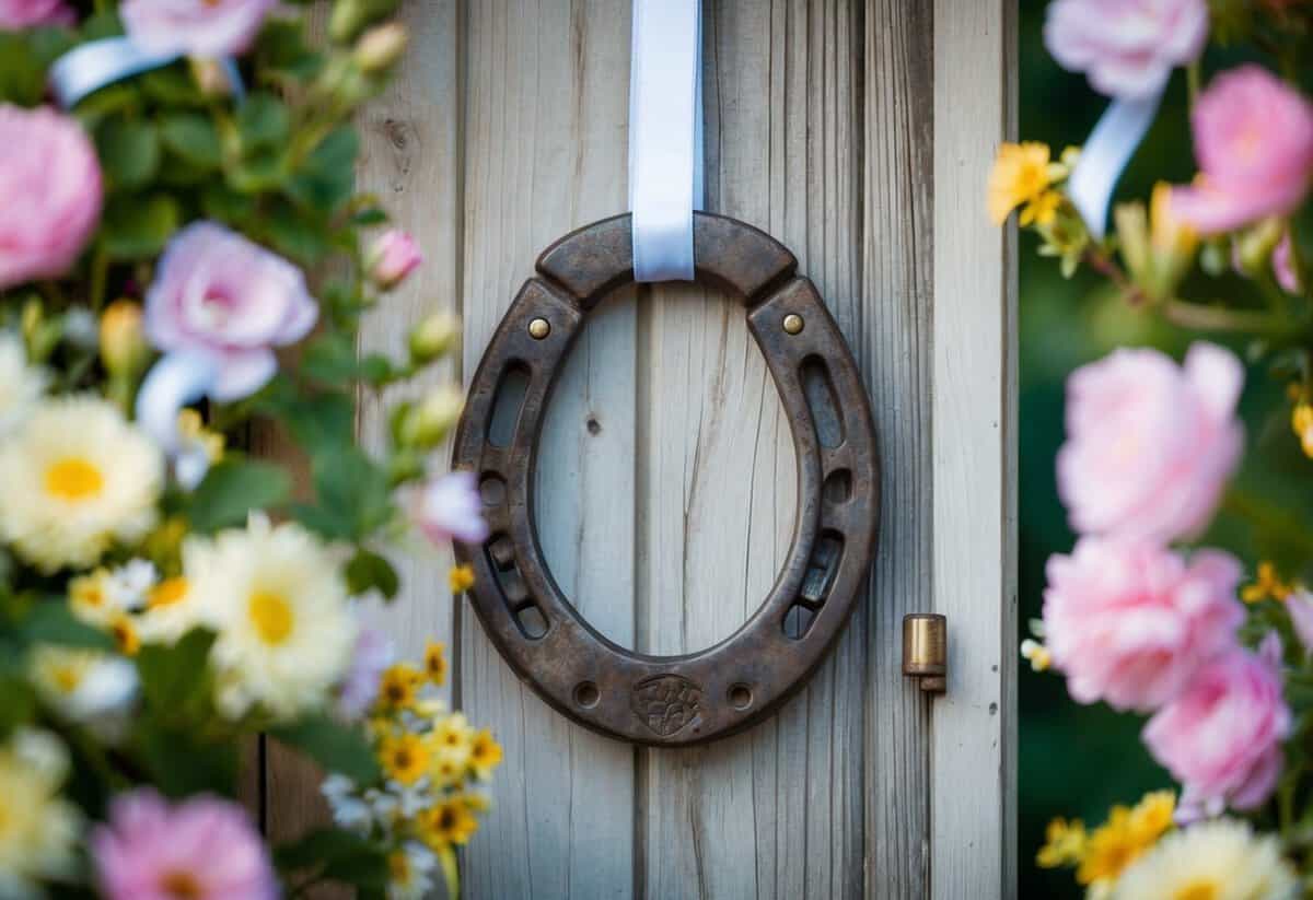 A horseshoe hanging on a rustic wooden door, surrounded by blooming flowers and ribbons