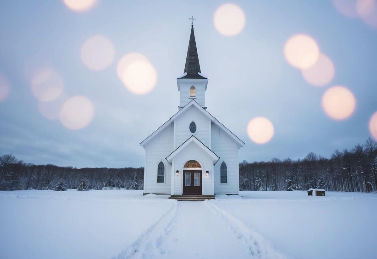 A deserted wedding chapel in a snowy, winter landscape