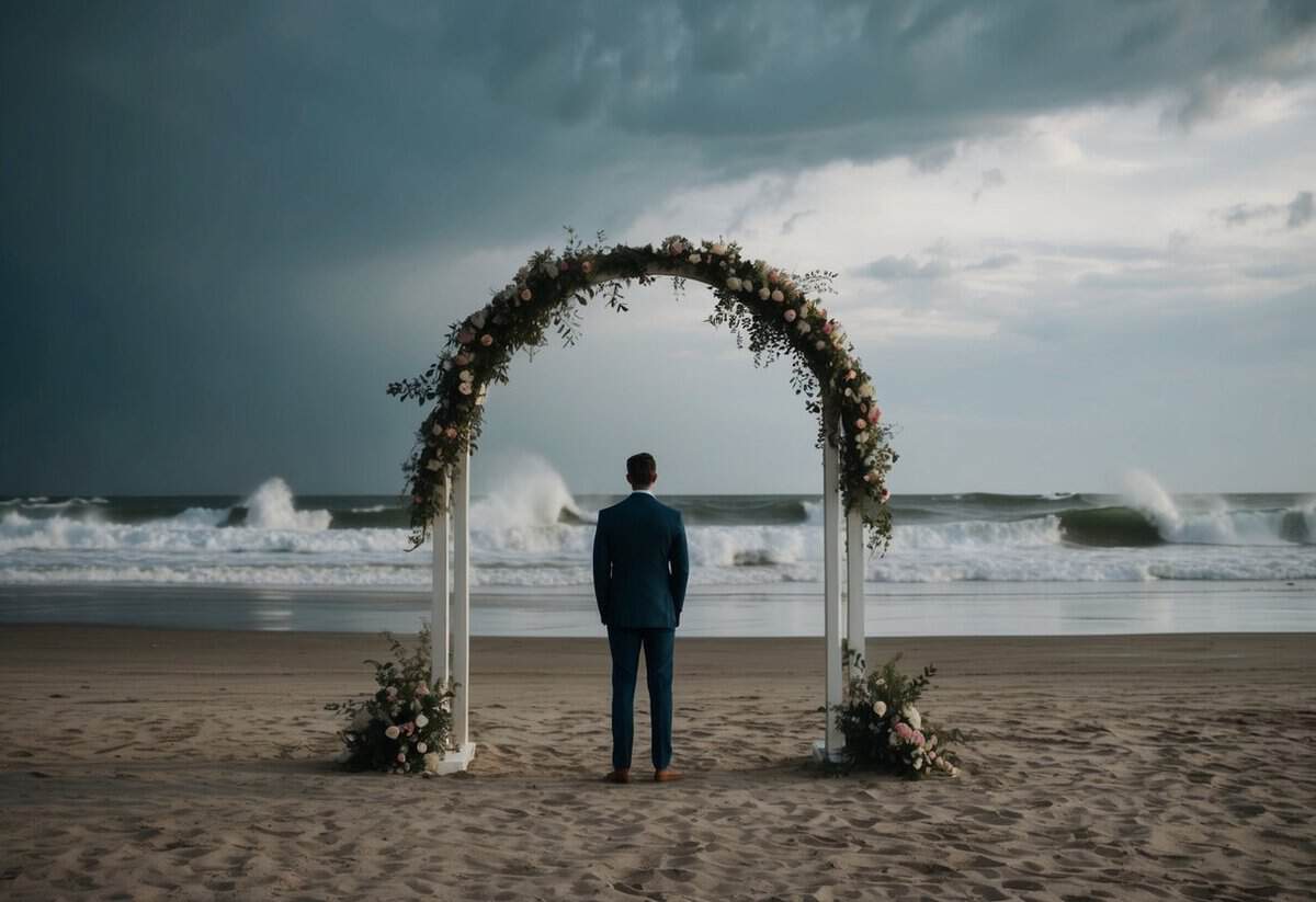 A deserted beach with stormy skies and crashing waves, a lone figure standing in front of an empty wedding arch adorned with wilting flowers