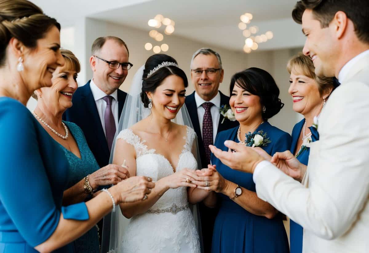 A bride surrounded by loved ones, receiving well wishes and words of encouragement before her wedding day