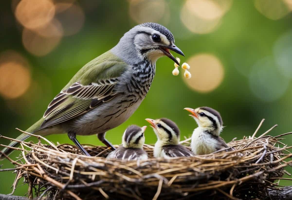 A mother bird feeds her chicks in a nest, prioritizing their needs over her own