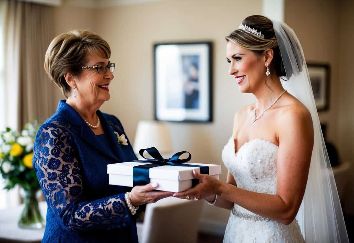 A bride presents a gift to the mother of the bride