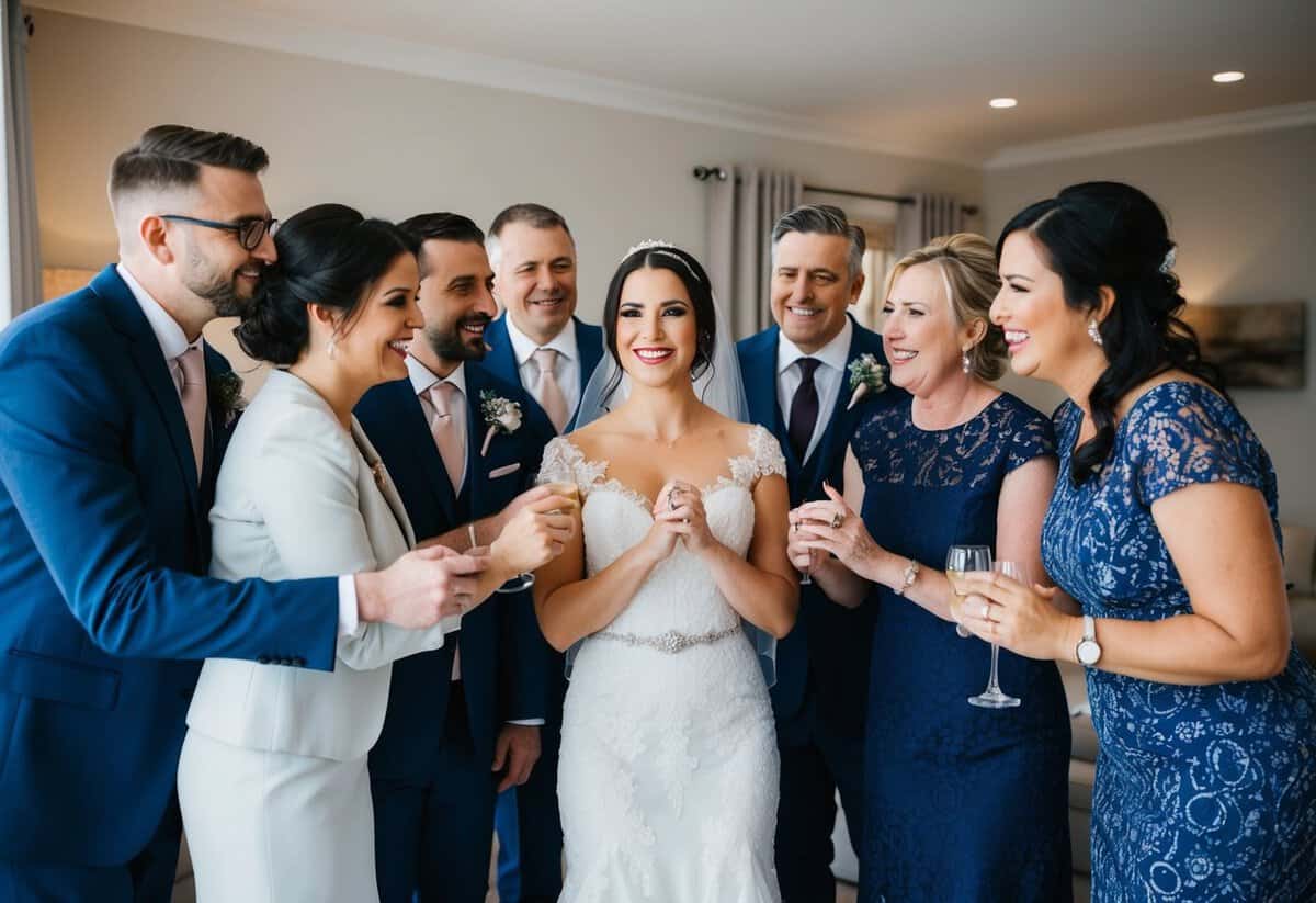 A group of friends and family surround the bride, offering words of support and encouragement as she prepares for her wedding day