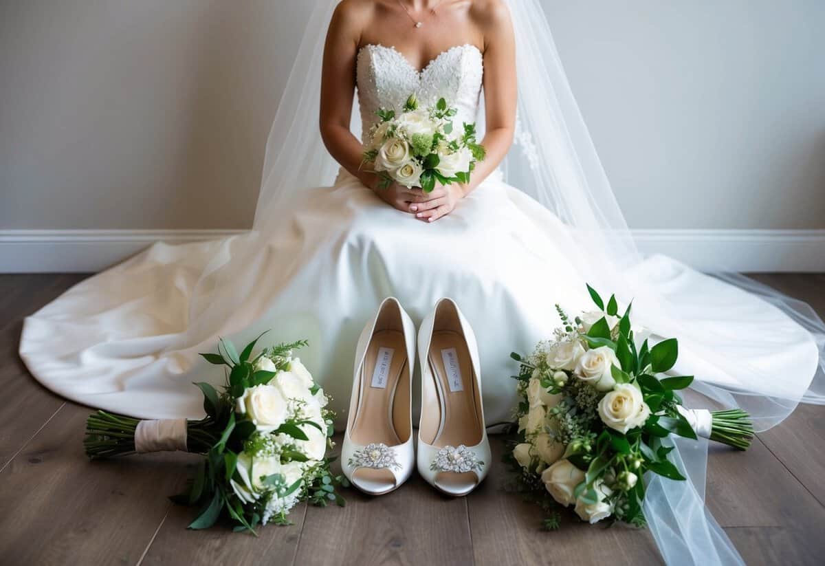 A bride surrounded by her essentials: dress, shoes, bouquet, and veil laid out in preparation for her big day