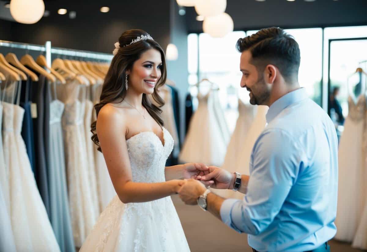 A woman's dress being purchased by a man at a bridal boutique