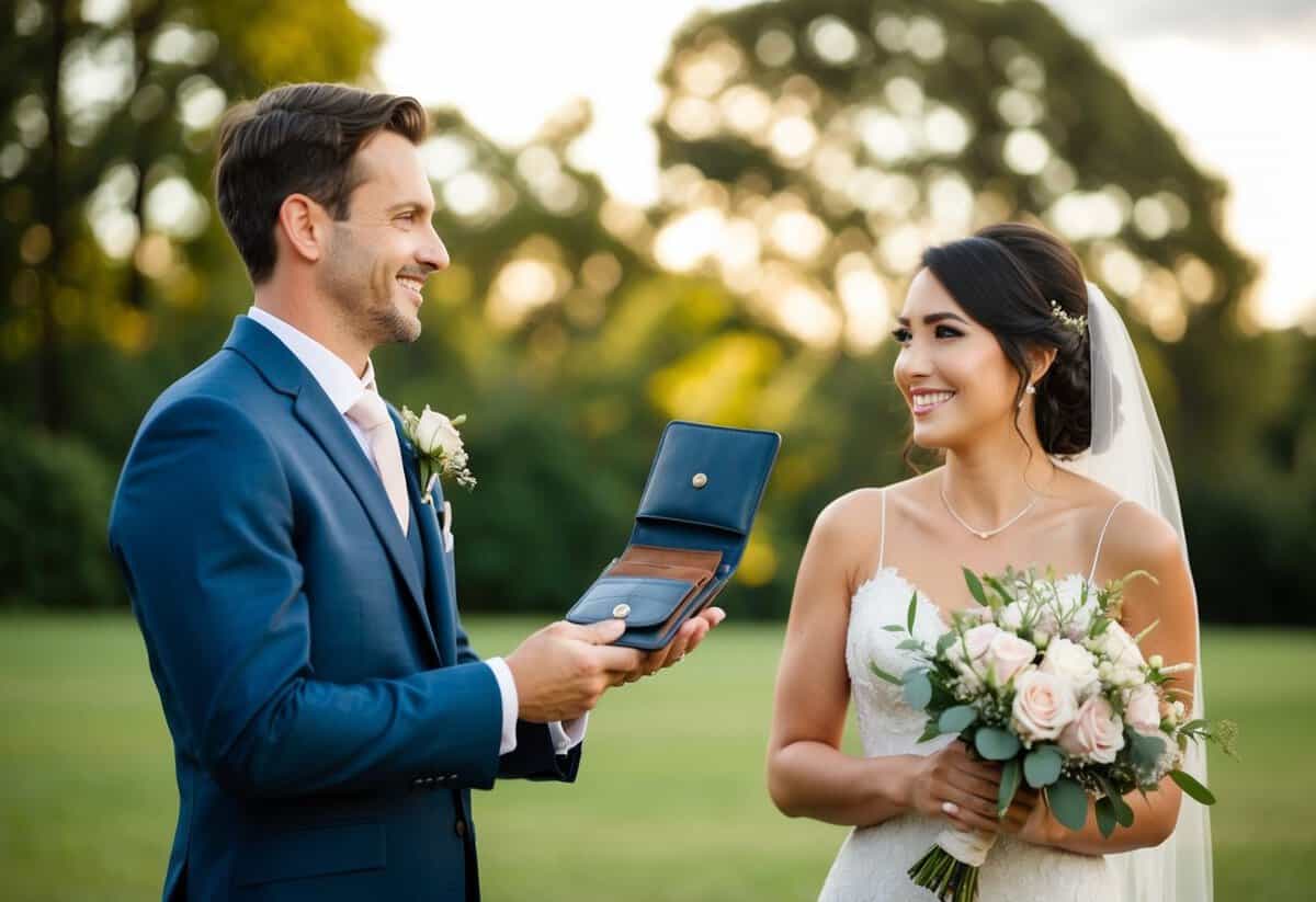 A groom holding a dress and a wallet, while a bride looks on with a smile