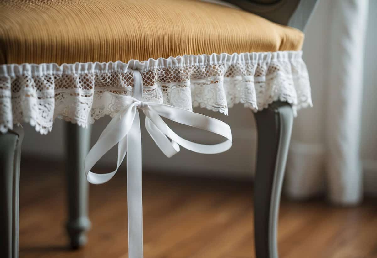 A garter on the left leg of a chair, with lace and ribbon, symbolizing femininity and sensuality