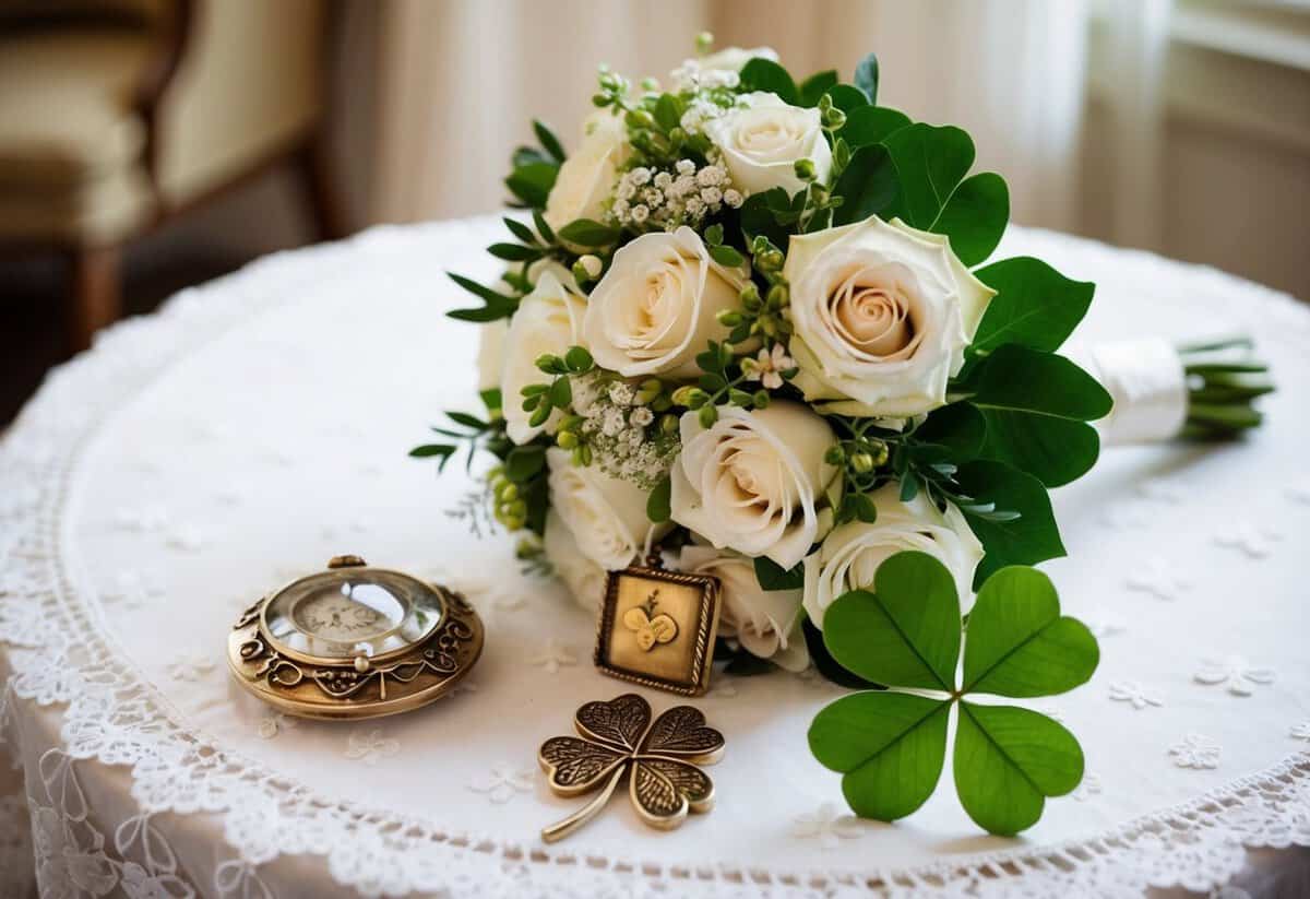 A bride's bouquet, a lucky charm, a family heirloom, and a four-leaf clover arranged on a lace-trimmed table