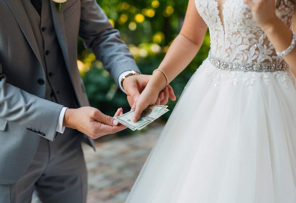 A bride's dress being paid for by a family member or the bride herself, with a financial planner providing guidance