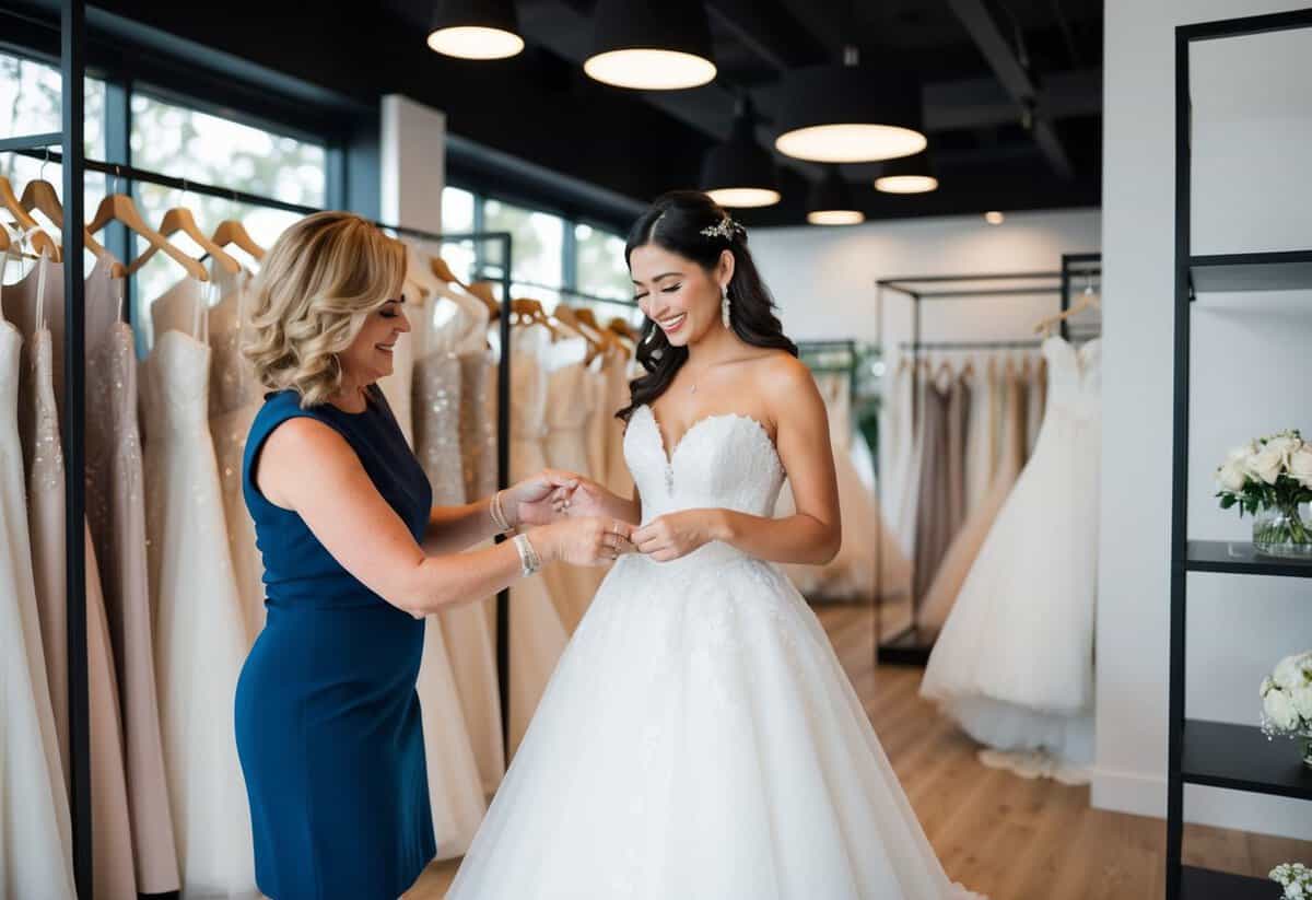 A bride's dress being selected and purchased by a family member or friend in a modern, stylish bridal boutique