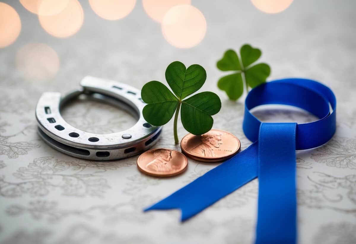 A bride's essential good luck charms: a horseshoe, a four-leaf clover, a lucky penny, and a blue ribbon