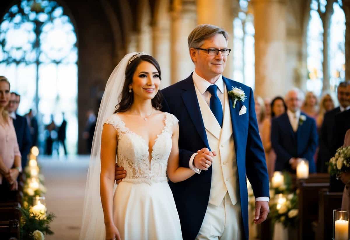 A figure stands beside the bride, symbolizing support and guidance, as she walks down the aisle