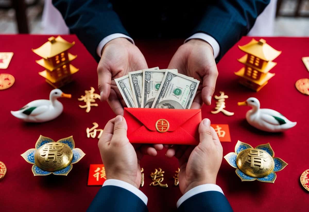 A pair of hands holding a red envelope filled with money, surrounded by traditional wedding symbols like double happiness characters and a pair of mandarin ducks