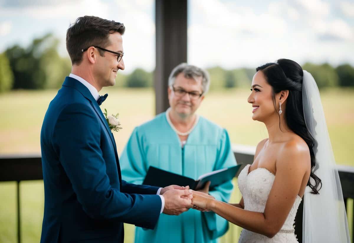 A non-traditional figure presents the bride to the groom in a modern, gender-neutral ceremony