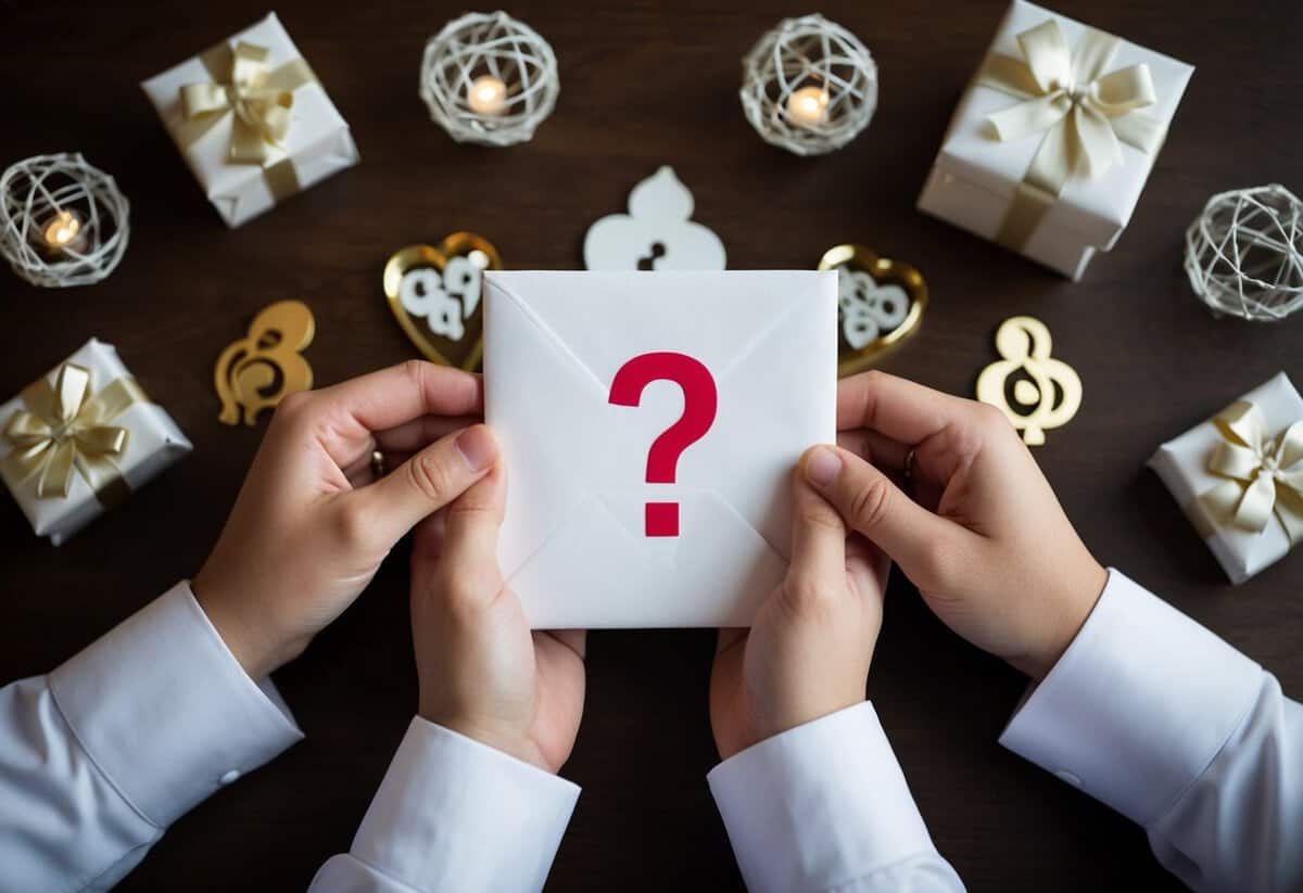A set of hands holding a gift envelope with a question mark, surrounded by wedding-themed decorations and symbols of generosity