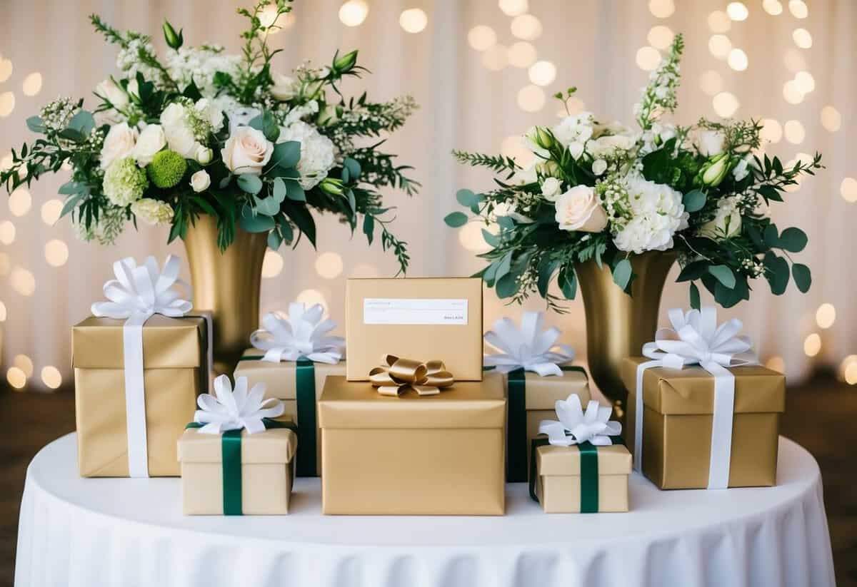 A wedding gift table adorned with elegant floral arrangements and a variety of wrapped presents, including a beautifully wrapped box with a check inside
