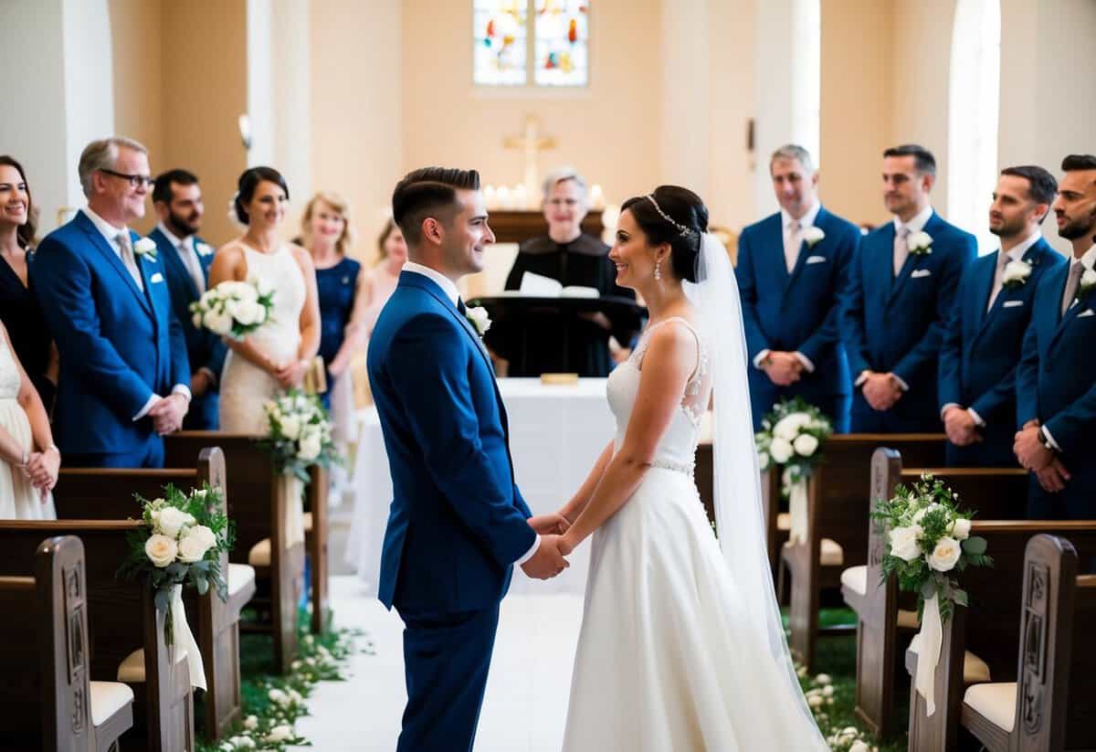 A bride and groom stand facing each other at the altar, surrounded by family and friends. The officiant asks, "Who says 'I do' first?"