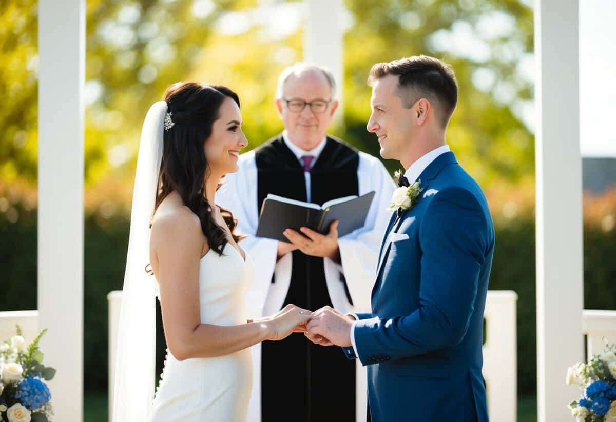 A couple standing at an altar, facing each other with a minister in between, exchanging vows with rings on a sunny day