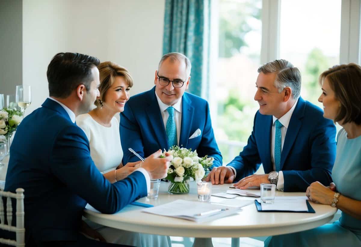 A family meeting around a table, discussing wedding expenses. The groom's family is engaged in the conversation, contributing to the planning process