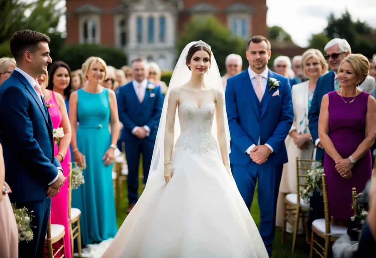 A figure in a wedding gown stands at the center, surrounded by guests in various colors. One guest wears the same color as the bride, drawing attention