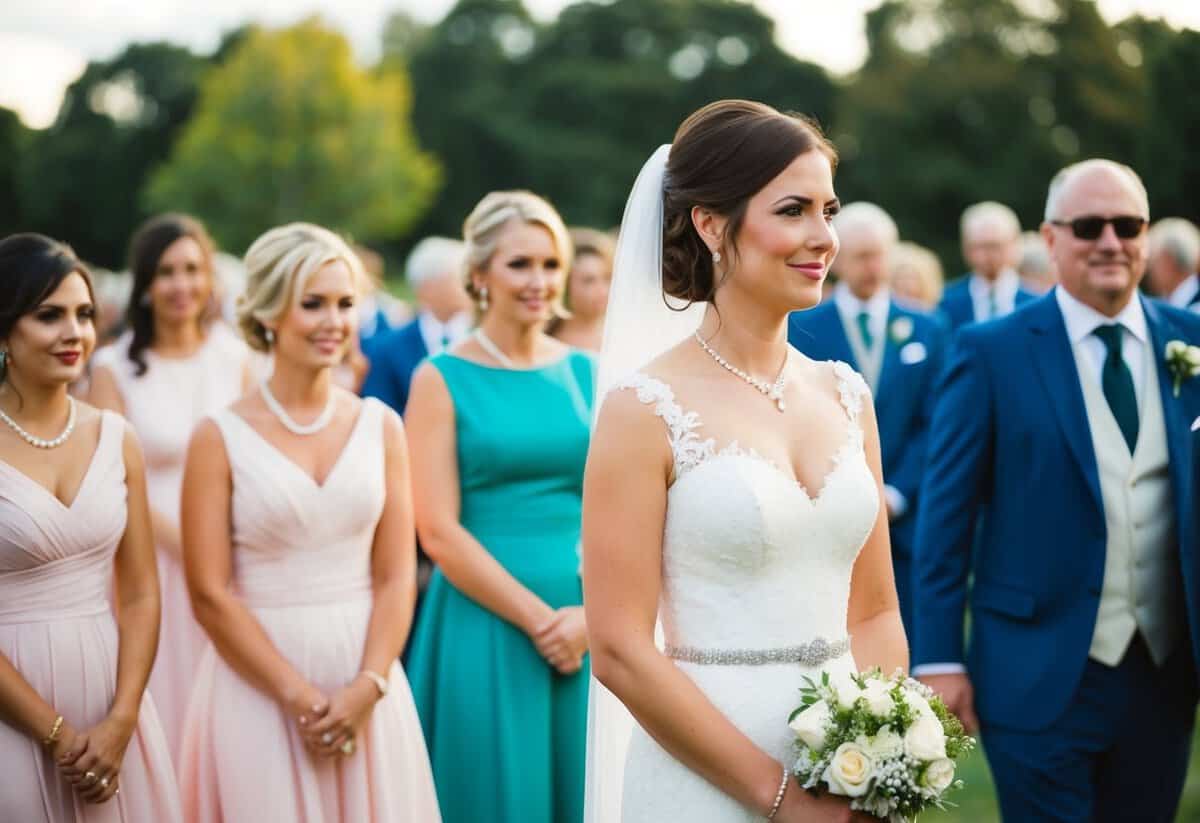 A wedding guest in a similar colored dress as the bride, causing a subtle but noticeable clash in attire