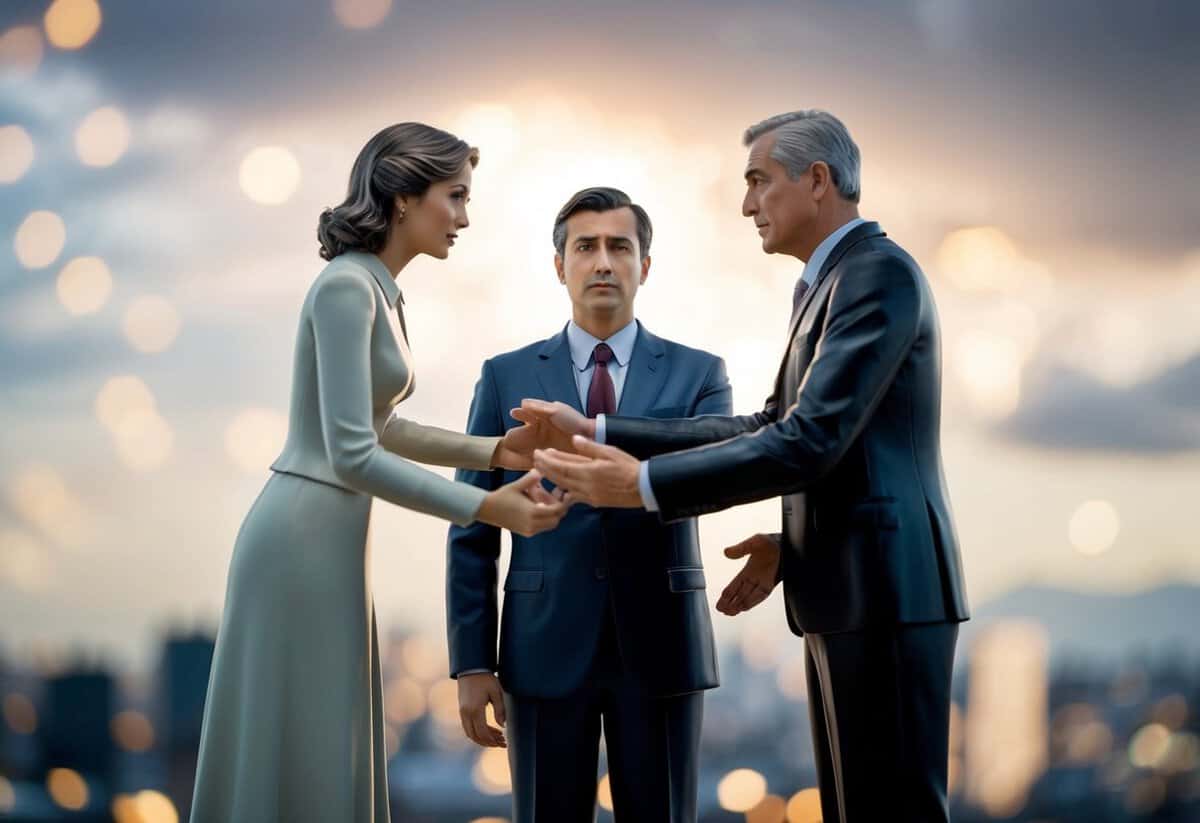 A man stands between two figures, one representing his wife and the other his mother, torn between the two