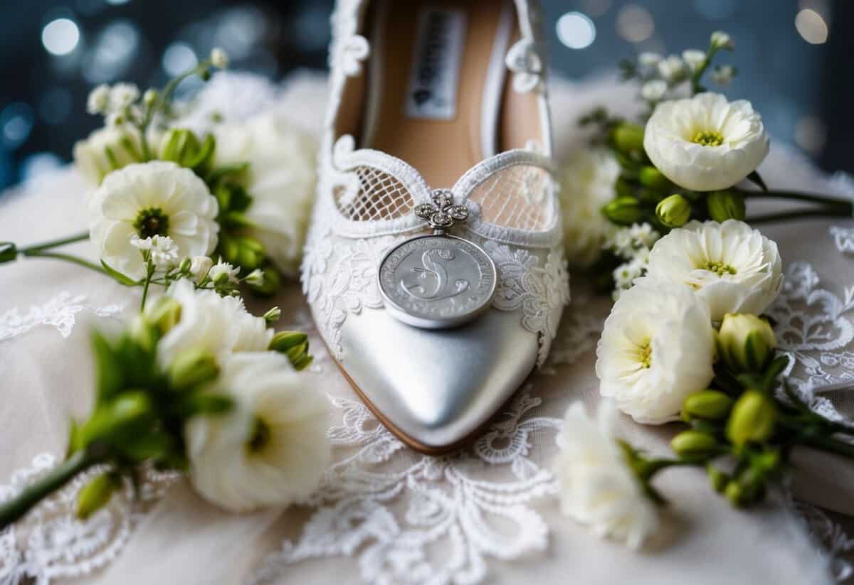 A bride's shoe with a sixpence tucked inside, surrounded by delicate lace and floral details