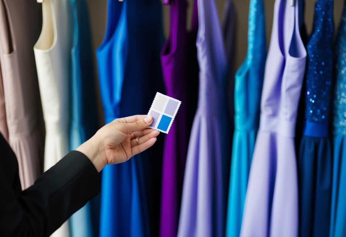A woman's hand holding a swatch of fabric next to a rack of dresses in various shades of blue and purple