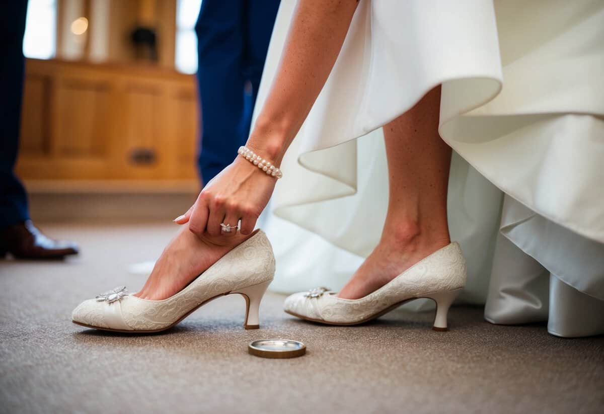 A bride placing a sixpence in her shoe before the wedding ceremony