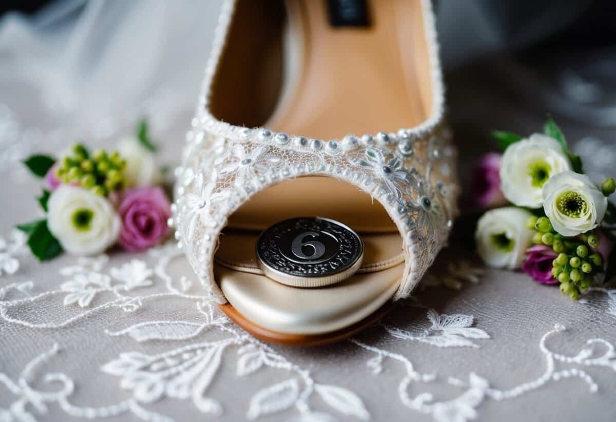 A bride's shoe with a hidden sixpence tucked inside, surrounded by delicate lace and floral details
