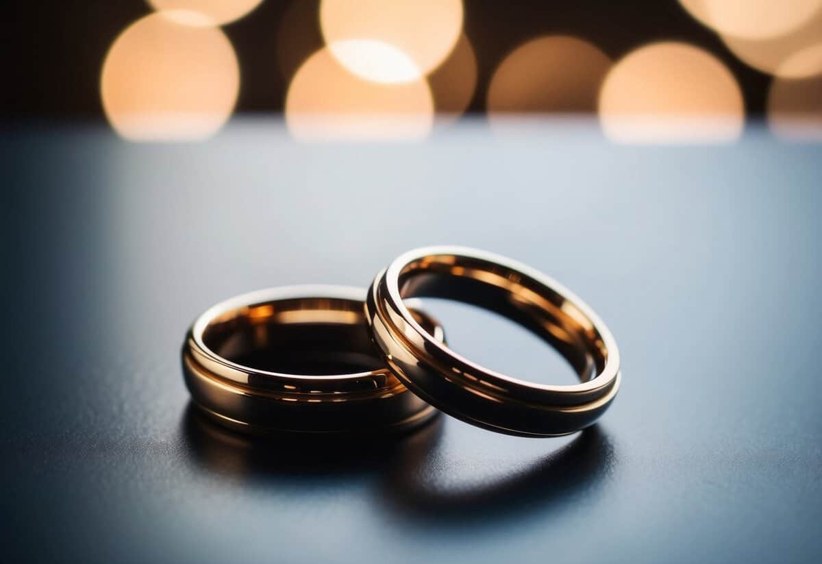 A pair of interlocking rings resting on a smooth, polished surface