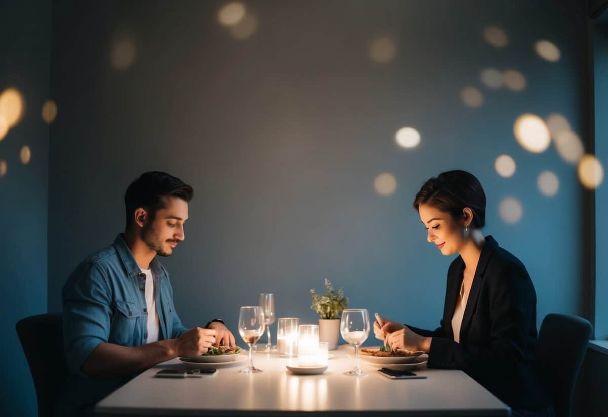 A couple sitting at a table, each engrossed in separate activities. The room is dimly lit, with muted colors and a lack of energy