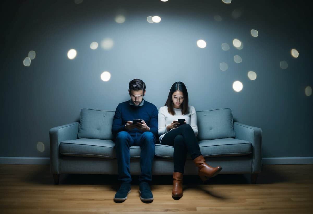 A couple sits on opposite ends of a couch, each absorbed in their own electronic devices. The room is dimly lit, with a lack of communication and intimacy evident in their body language